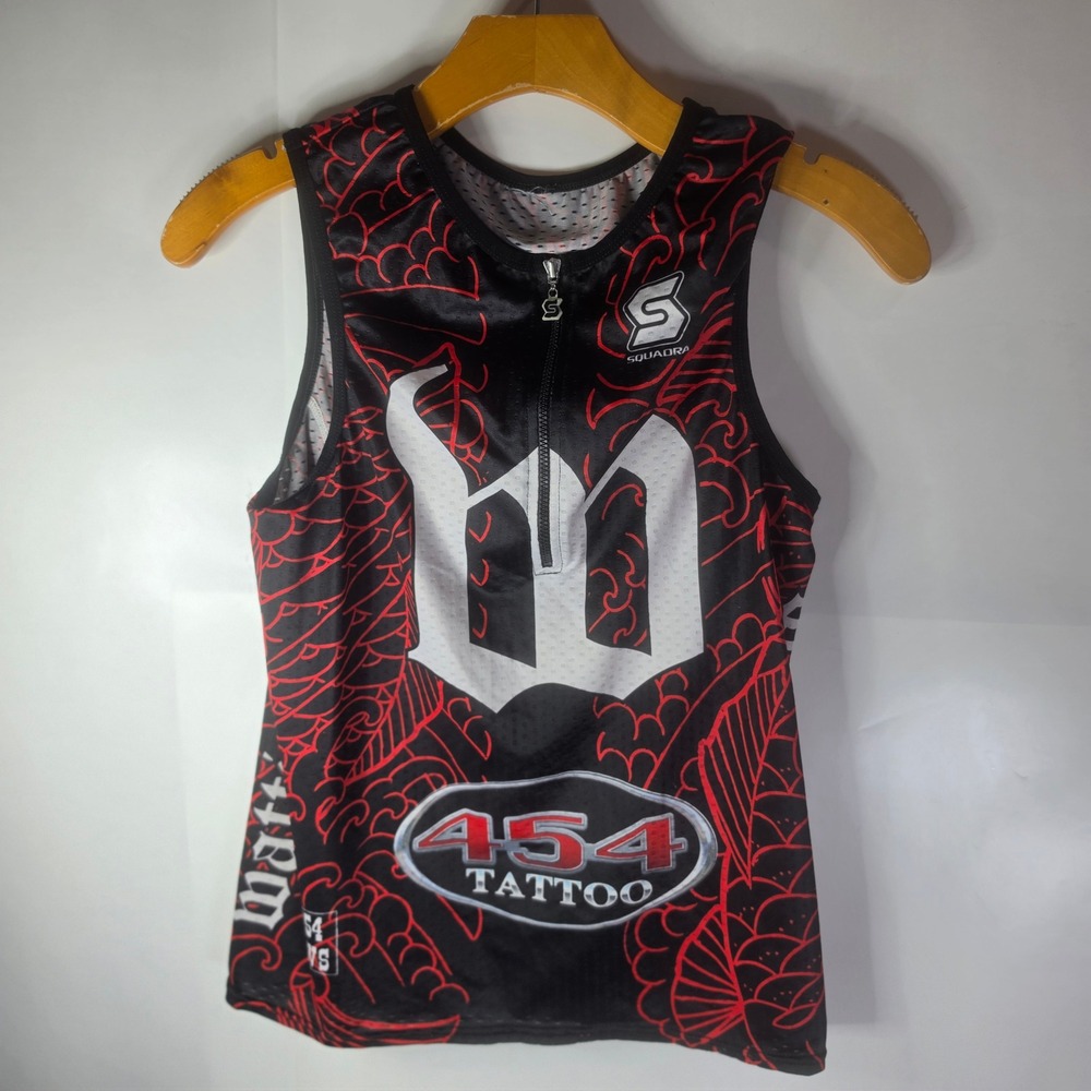 Squadra 454‎ Tattoo Cycling Jersey Tank Top Tri Mens Small Black Red 1/4 Zip